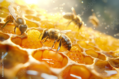 close up of a honeycomb bursting with golden honey © Adito