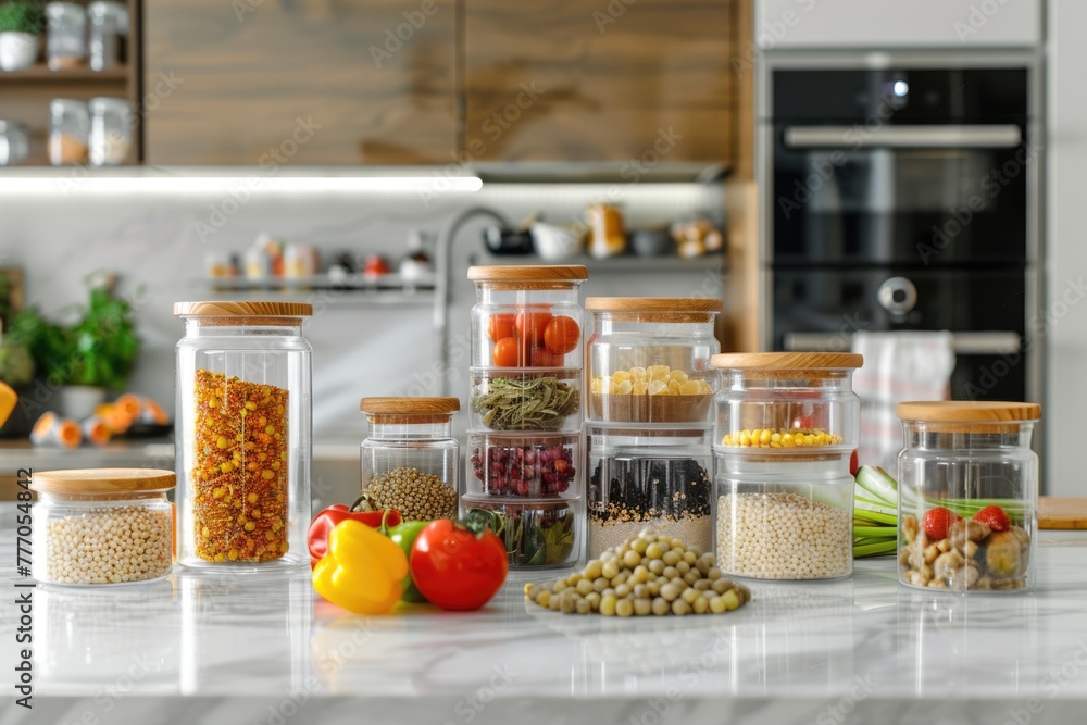 Food storage containers on white marble kitchen table. Food storage containers on white marble kitchen table.
