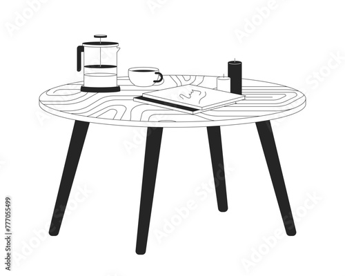 Low table with tea, magazines and candles 2D linear cartoon object. Domestic furniture isolated line vector element white background. Living room interior design monochromatic flat spot illustration