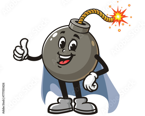 Bomb with caped superhero style cartoon mascot illustration character vector clip art hand drawn