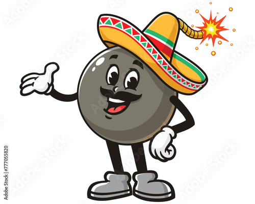 Bomb wearing sombrero cartoon mascot illustration character vector clip art hand drawn