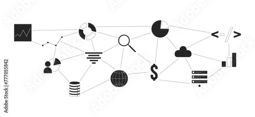 Analytics database management black and white 2D line cartoon object. Programming, charts, cloud technology isolated vector outline item. Connected data analysis monochromatic flat spot illustration