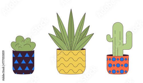 Exotic houseplants in flowerpots 2D linear cartoon objects set. Home garden plants growing isolated line vector elements white background. Interior design color flat spot illustration collection