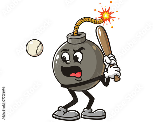 Bomb playing baseball cartoon mascot illustration character vector clip art hand drawn