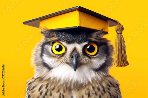 Owl with graduation cap and yellow background. Generative Ai