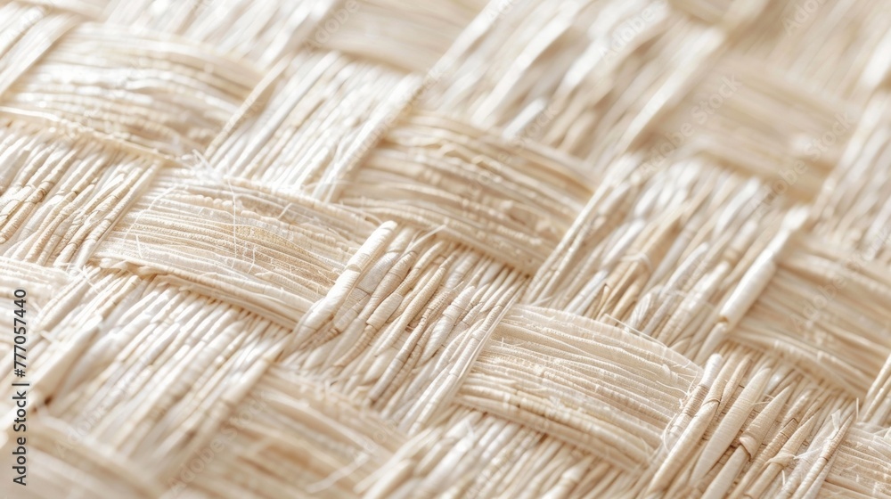 Obraz premium A closeup shot of the wallpaper in the third image reveals the intricate weaving pattern of jute fibers giving it a modern and stylish look. The subtle sheen of the natural fibers .