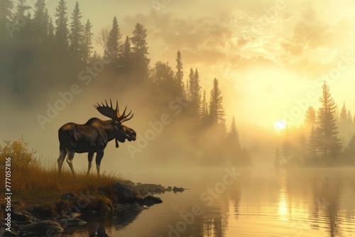 Moose at Lakeside in Misty Sunrise Forest. 