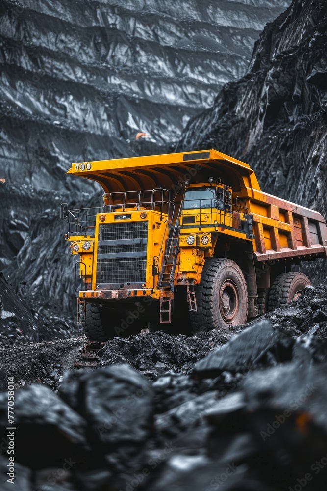 Massive yellow anthracite mining truck at open pit coal mine for industry operations Massive yellow anthracite mining truck at open pit coal mine for industry operations