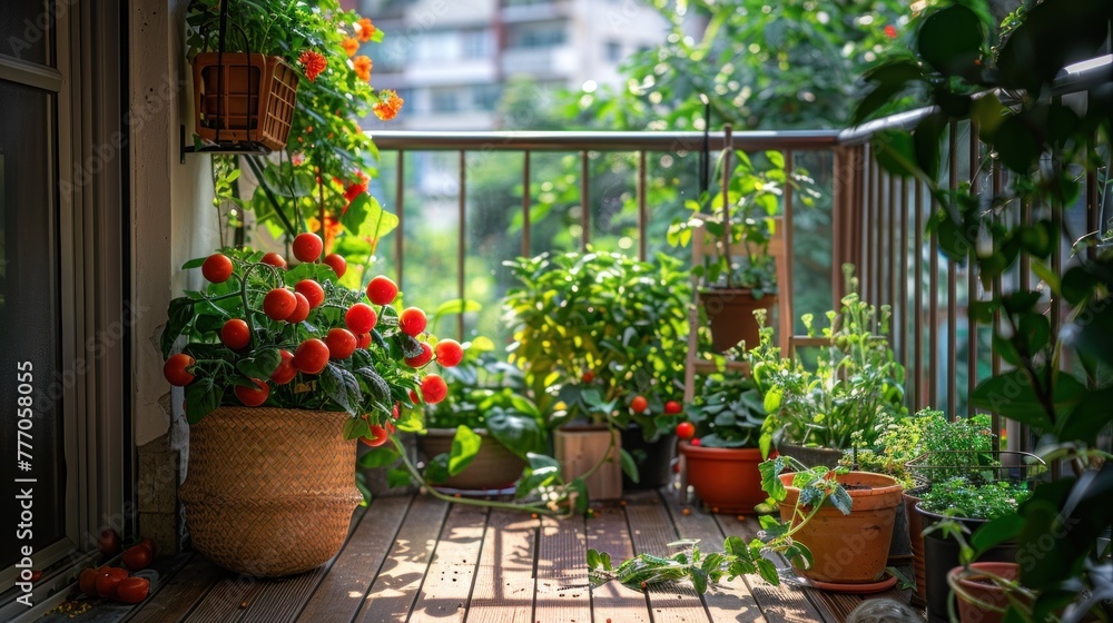 A vegetable garden with tomato plants on the balcony of a house or building For growing vegetables in rows on a natural balcony and living in the city.