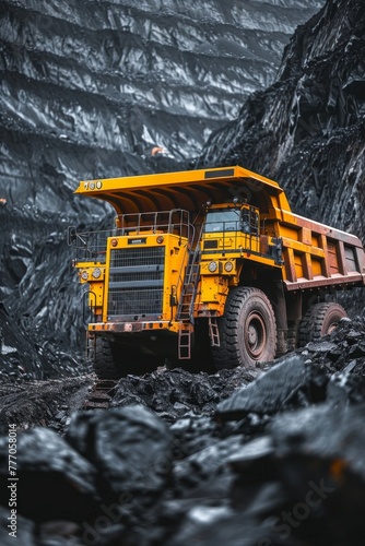 Massive yellow anthracite mining truck at open pit coal mine for industry operations