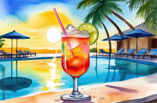 Tropical cocktail on the background of palm trees, sun, concept of vacation, travel.