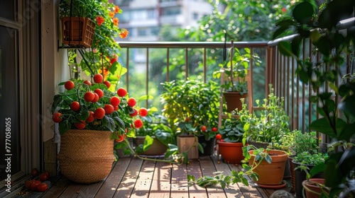 A vegetable garden with tomato plants on the balcony of a house or building For growing vegetables in rows on a natural balcony and living in the city.