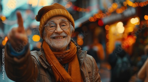 A happy homeless old man or elderly person with a wrinkled face smiles. An optimistic male beggar hopes for a good future.