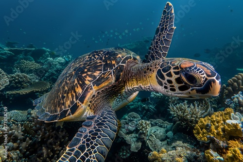 Hawksbill Turtle Cruising Coral Sea scape. 
