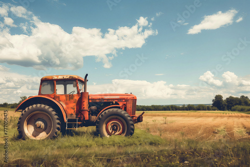 Vintage Tractor in Rustic Rural Field. An antique tractor in a field  representing the blend of tradition and technology in modern farming practices