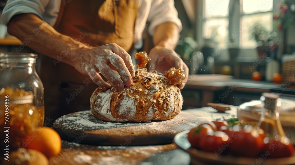 A man is preparing bread using ingredients in a bakery and cooking it with a stick for a delicious breakfast dish.