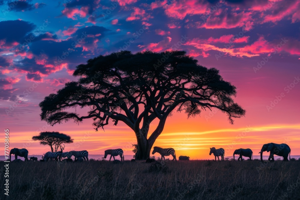 Enchanting Twilight with Elephants and Zebras in Savannah. 