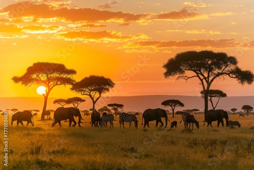 Safari Wildlife Silhouettes at African Sunset.  © kmmind