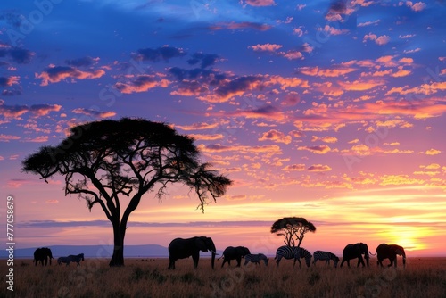Dramatic African Sky Over Elephant and Zebra Silhouettes. 