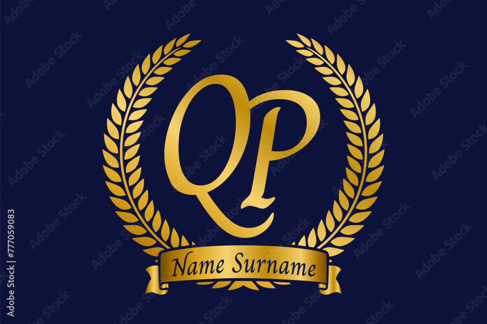 Fototapeta premium Initial letter Q and P, QP monogram logo design with laurel wreath. Luxury golden calligraphy font.
