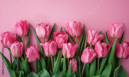Beautiful pink tulips on pink background, flat lay. Greeting card with beautiful tulips on Mother's Day. © Sergio Lucci