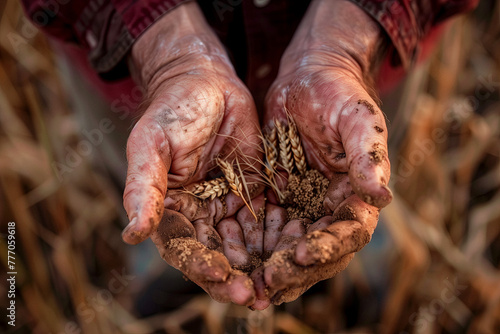 Farmer's Hands Full of Harvested Grain. Weathered hands cradle a handful of harvested wheat, symbolizing hard work and the harvest season.