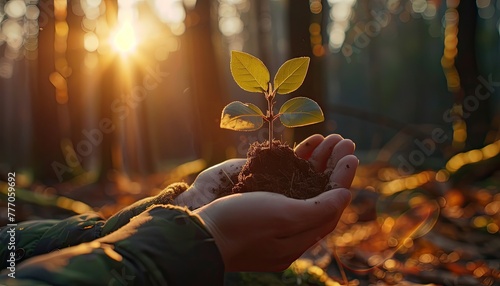 A young sapling carefully held in nurturing hands against a background of radiant sunlight filtering through the forest canopy..