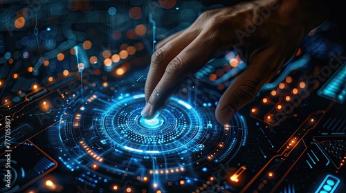 A hand engages with a futuristic holographic interface, touching a complex digital touchscreen with glowing cybernetic elements, symbolizing advanced technology and interaction..