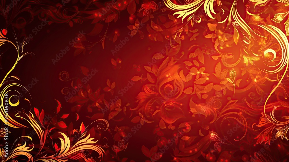 An intricate pattern of golden floral swirls and leaves flourishes across a dark red background, creating a feeling of warmth and luxury.. An intricate pattern of golden floral swirls and leaves flourishes across a dark red background, creating a feeling of warmth and luxury..