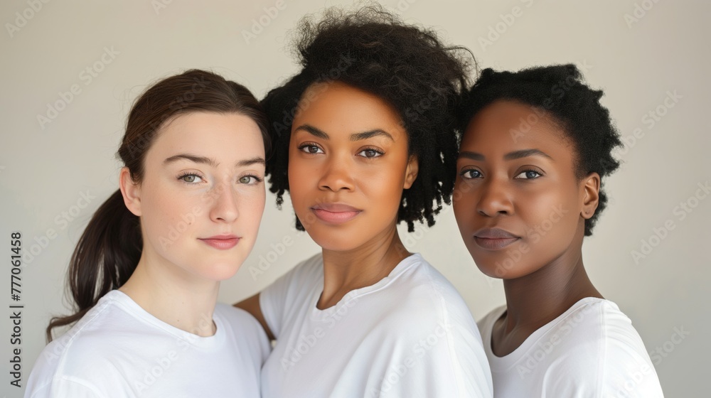 A portrait of three diverse women wearing white t-shirts and looking at the camera with different expressions against white background. A portrait of three diverse women wearing white t-shirts and looking at the camera with different expressions against white background.