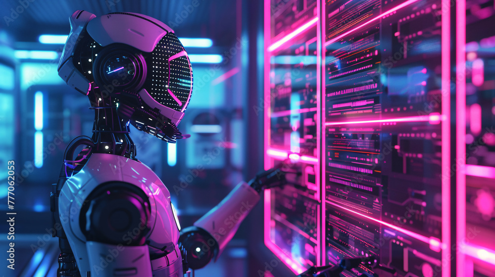 AI-driven robot workforce revolutionizes factories in cybernetic landscapes, orchestrating intricate assembly lines with precision and efficiency amidst a backdrop of pulsating neon lights - obrazy, fototapety, plakaty 