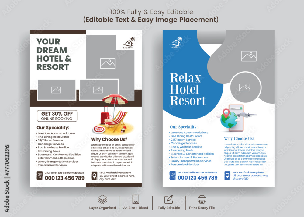Luxury Hotel and resort editable print flyer or poster template suitable for travel tourism company flyer, poster, leaflet advertising design
