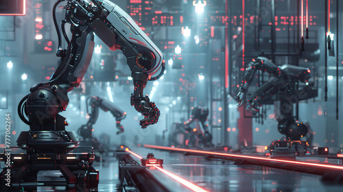 AI-driven robot workforce revolutionizes factories in cybernetic landscapes, orchestrating intricate assembly lines with precision and efficiency amidst a backdrop of pulsating neon lights