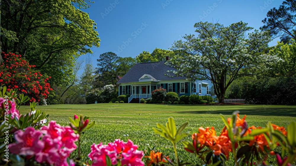 Fototapeta premium Serene Spring A Picturesque Country House Surrounded by Vibrant Flowers Generative AI