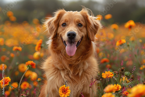 A cute dog sitting in a field of flowers, with its tongue hanging out