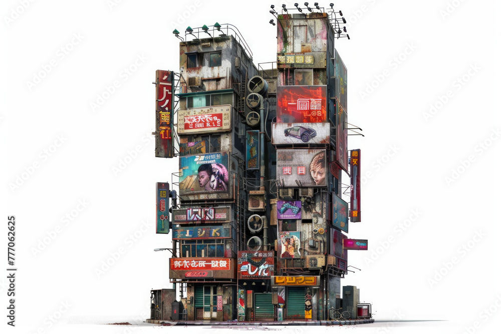 An isolated cyberpunk design tall building on a white background An isolated cyberpunk design tall building on a white background