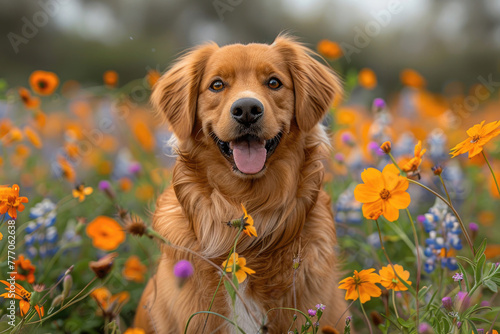 A cute dog sitting in a field of flowers, with its tongue hanging out