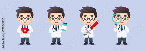 Doctor ChSet of cute male doctor character design with medical heart, medicine, needle and magnifying glass. Vector cartoon illustration.aracter-2 © CheowKeong