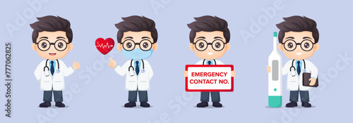 Set of cute male doctor character design with heart beat, contact sign and thermometer. Vector cartoon illustration. © CheowKeong