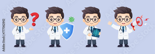 Doctor Character-3Set of cute male doctor character design with protection shield, x-ray and megaphone. Vector cartoon illustration. © CheowKeong