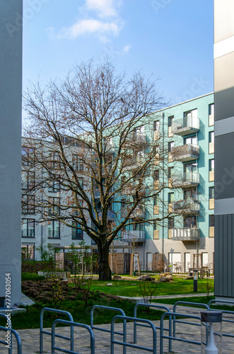 Berlin, Germany, March 7, 2024: housing blocks in Adlershof neighbourhood built around a green courtyard