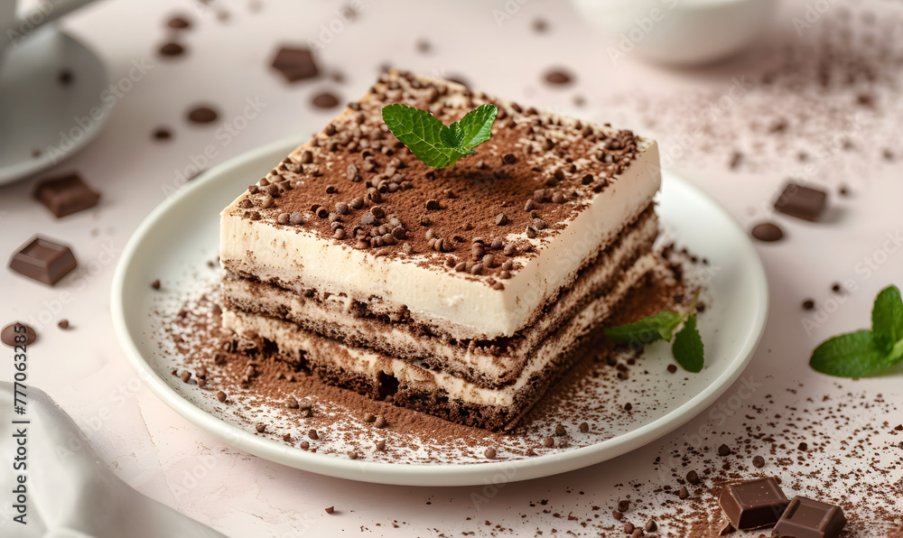 classic tiramissu cake with mint leaves in chocolate sprinkles, Generative AI classic tiramissu cake with mint leaves in chocolate sprinkles, Generative AI