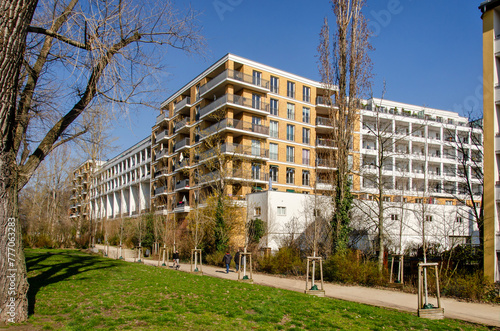 Berlin, Germany, March 8, 2024: eight storey nodern husing blocks built on Kreuzberg mountain in the neighbourhood with the same name
