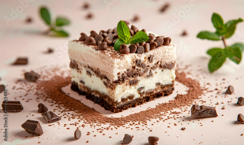 classic tiramissu cake with mint leaves in chocolate sprinkles, Generative AI 