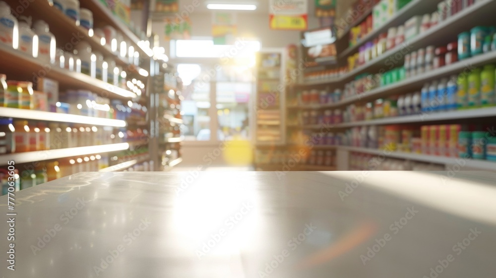 Brightly lit supermarket aisle out of focus with empty space on a clean white surface.