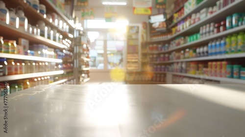 Brightly lit supermarket aisle out of focus with empty space on a clean white surface.