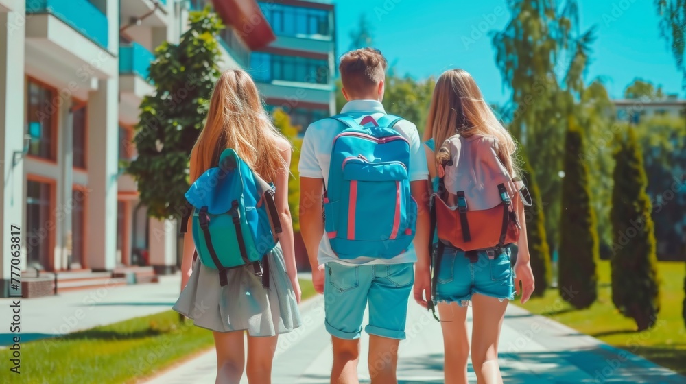 Obraz premium Three teenagers walking away from school, carrying backpacks on a sunny day.
