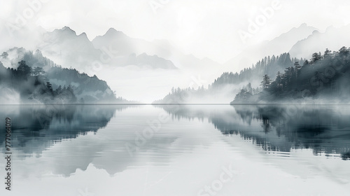 lake in the morning fog over the mountain