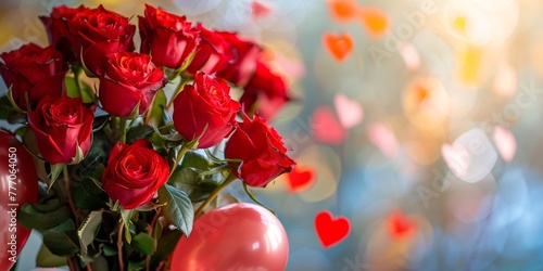 A lush bouquet of red roses with shimmering heart-shaped bokeh, perfect for romantic occasions. © tashechka