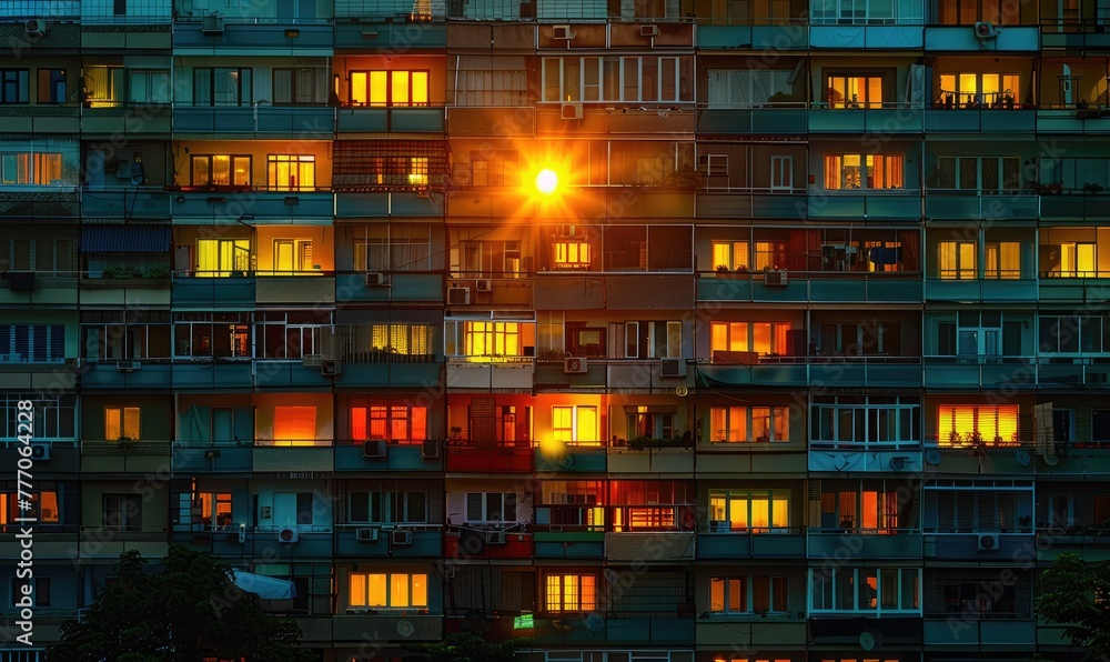 An apartment building at sunset, panoramic photo